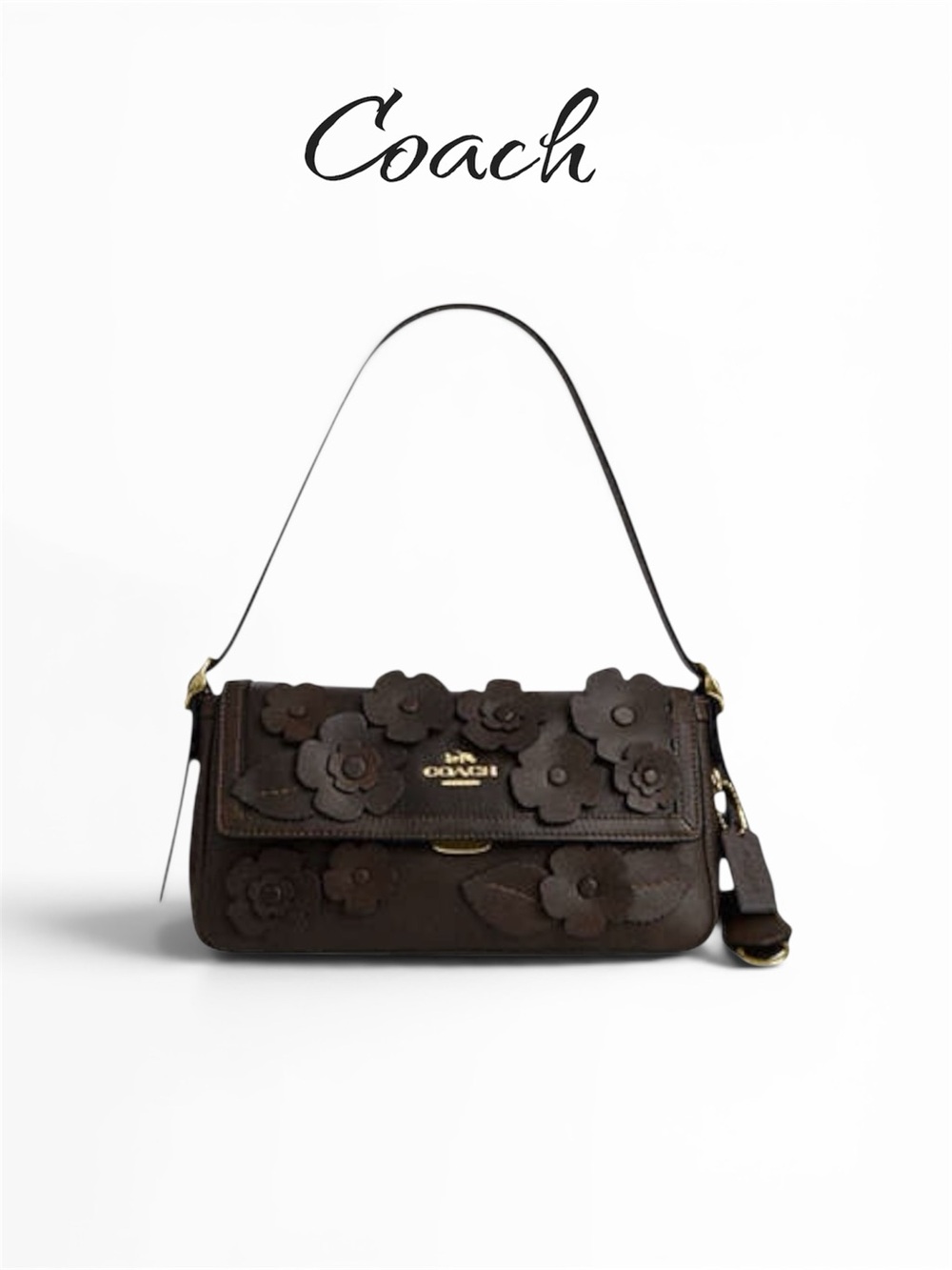NWT Coach Etta Small Flap Shoulder Bag Floral Applique Maple Brown Crossbody - Picture 2 of 11